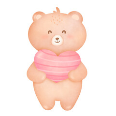 Heartwarming watercolor illustration showcasing a light brown bear holding a pink heart adorned with pink lines as decoration