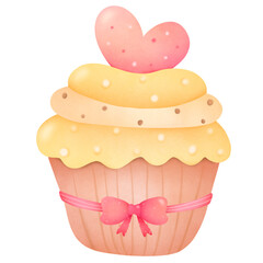 delightful watercolor illustration of a light yellow cupcake adorned with decorated eggs, tied with a pink bow, and topped with a pearl-adorned heart