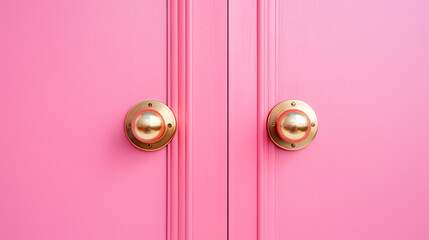 A  pink door with a brass handle on  pink background	