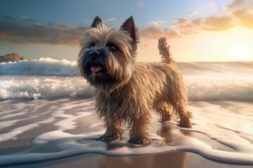 Playful doggy pet on serene sunset beach. Happy animal friend on coastal seashore water. Generate ai