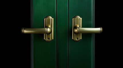 A  green door with a brass handle on  green background	