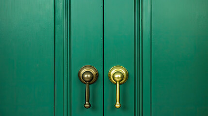 Fototapeta premium A green door with a brass handle on green background 