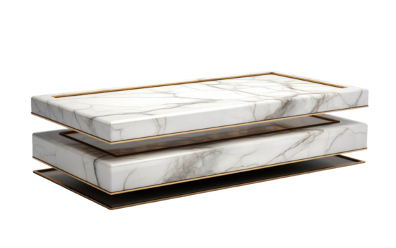White and Grey Marble Inlay Table Top with Brown Borders On White or PNG Transparent Background.