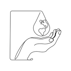 Continuous single line drawing catches water dropping on hand of world water day concept vector art illustration graphic design
