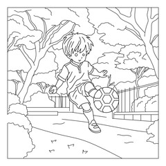 Coloring Page Outline Of a cartoon small child playing ball. Coloring book for kids. Anime style