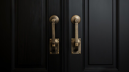 A  black door with a brass handle on  black background	