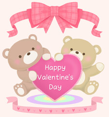 Happy Valentine's Day illustration with teddy bear holding a heart and ribbon