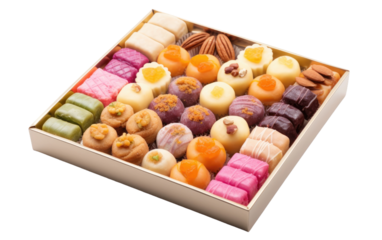Mithai Sweets Assortment fill in a white box On White or PNG Transparent Background.
