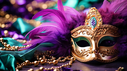 Venetian gold mask with beads and feather decoration in the traditional Mardi Gras colors of purple and green - obrazy, fototapety, plakaty