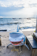 Chonburi, Thailand - November, 05, 2023 : Shark statue on beach of seaside restaurants at Chonburi,...