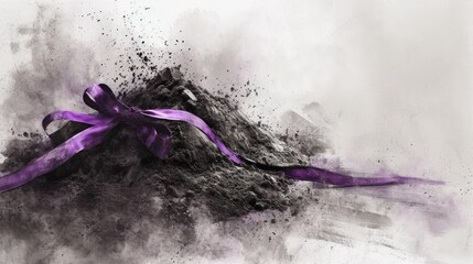 Watercolor painting illustrating the essence of Ash Wednesday, with a focus on a pile of ashes and a purple ribbon, gentle and introspective mood
