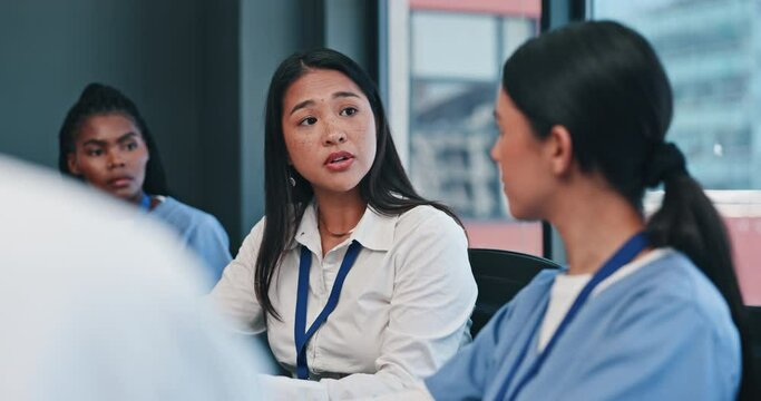 Leadership, tablet or doctors in meeting for research or planning strategy in collaboration in hospital. Discussion, healthcare or group of nurses speaking of online news report, feedback or schedule