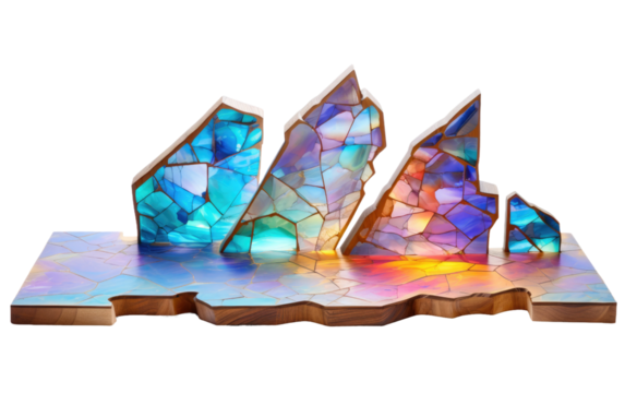 Opal Puzzle Display A Mesmerizing Showcase on Multicolored Wooden Canvas On White or PNG Transparent Background.
