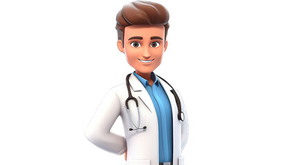 3D Happy cartoon doctor with stethoscope. Cartoon doctor on transparent background.