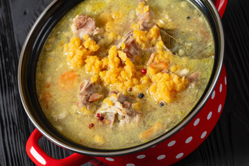 split pea and lentil soup with pork on bones