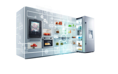 Smart Kitchen Panorama Captivating Overview with Focal Point on Refrigerator On White or PNG Transparent Background.