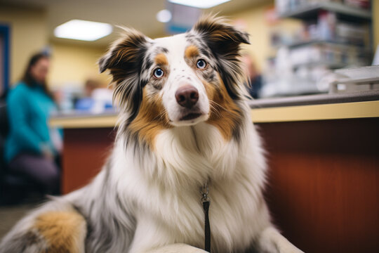 A scene at a vet's office from the floor level, capturing the apprehensive mood of a dog.