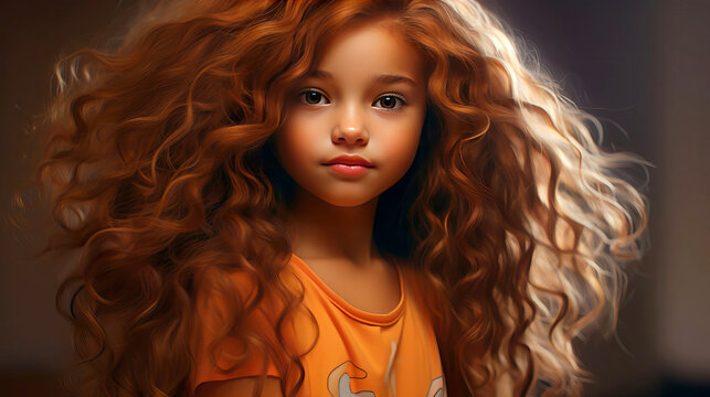 Portrait of a young girl teenagers with magnificent thick curly red hair.