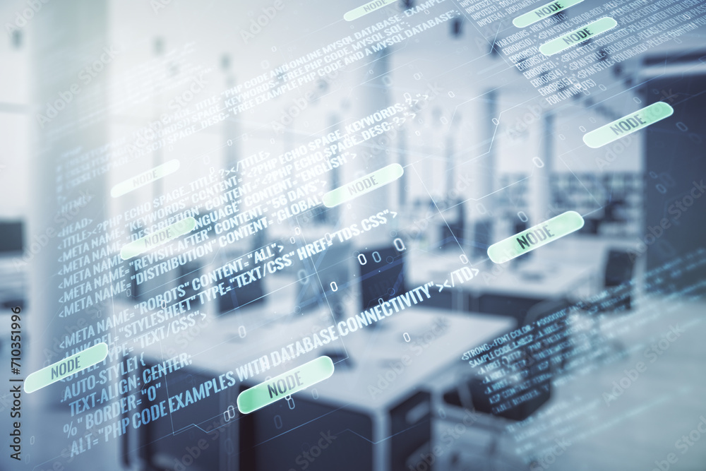 Aufkleber abstract virtual coding concept on a modern furnished office background. multiexposure