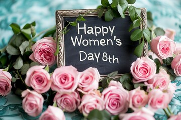Happy Women's Day March 8th Written on a Small Chalkboard.