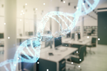 Virtual DNA symbol illustration on a modern furnished office background. Genome research concept. Multiexposure