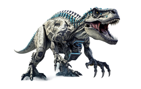 Roaring Programmable Robot Dinosaur Stomping with Technological Power On White or PNG Transparent Background.