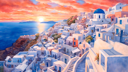Oia village on Santorini island at sunset, Greece. - obrazy, fototapety, plakaty