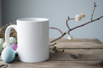 Obraz na płótnie Canvas Easter blank white coffee mug mockup with delicate branches and pastel eggs background on a natural wood table. Use for POD product listings in pretty rustic rural spring design for custom home decor 
