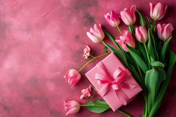 Top-View Image of an Elegant Pink Gift Box with a Ribbon.