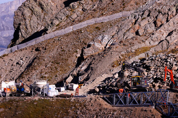 French Alps. Construction site on The Mont Blanc Tramway (TMB) the highest mountain railway line in France. Terminus at 2372 m. Saint Gervais. France.