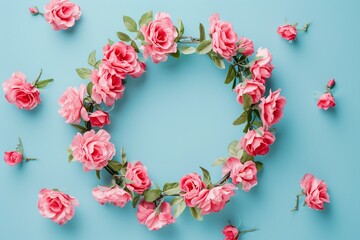 Wreath Crafted from Pink Rose Flowers on a Blue Background.