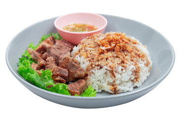 Stewed beef with rice on plate