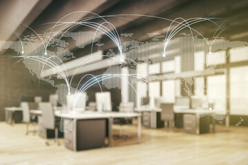 Abstract virtual world map with connections on a modern furnished office background, international trading concept. Multiexposure