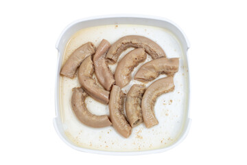 fresh raw offal sliced on square plate isolated on white background, shabu, hot pot ingredients