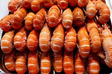 Traditional fish market. Fresh langoustines.  Trouville. France.