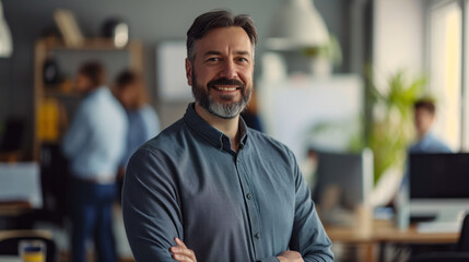 Fototapeta premium Portrait of a handsome smiling businessman boss standing in his modern business company office.