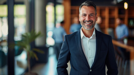 Fototapeta premium Portrait of a handsome smiling businessman boss standing in his modern business company office.