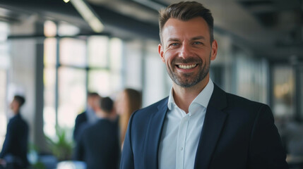 Portrait of a handsome smiling businessman boss standing in his modern business company office.