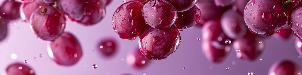 a fresh grape with a dewy surface, raindrops on the air in a purple background for a banner, wine label, copy space