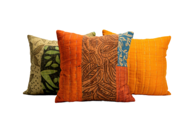 Kantha Stitched Pillow and Cushion Covers On White or PNG Transparent Background.