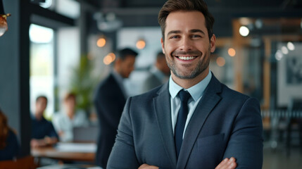 Fototapeta premium Portrait of a handsome smiling businessman boss standing in his modern business company office.