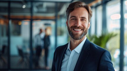 Portrait of a handsome smiling businessman boss standing in his modern business company office.