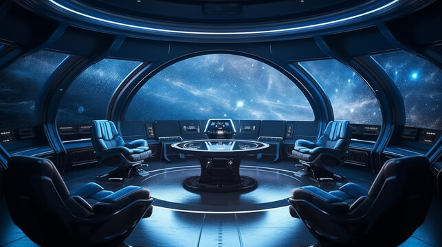 Int&eacute;rieur d'un vaisseau spatial. Salle de contr&ocirc;le avec vue sur l'espace.