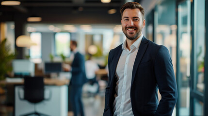 Portrait of a handsome smiling businessman boss standing in his modern business company office.