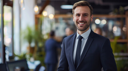 Fototapeta premium Portrait of a handsome smiling businessman boss standing in his modern business company office.
