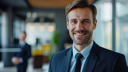 Fototapeta premium Portrait of a handsome smiling businessman boss standing in his modern business company office.