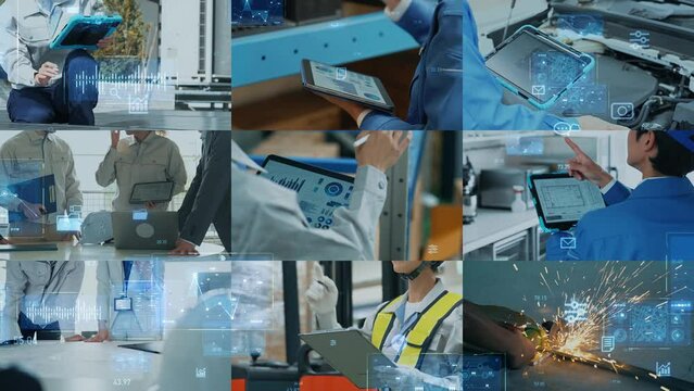 Collage movie of various industrial workers and digital technology concept.