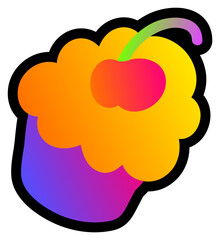 Declarative fluorescent hand drawn sweet cherry cupcake with neon gradient light on dark black backdrop. Party icon for design of card or invitation. Doodle hand drawn illuminated vector