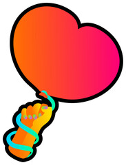 Declarative hand drawn heart shaped balloon in hand with neon gradient light on dark black backdrop. Party icon for design of card or invitation. Doodle hand drawn illuminated vector on black