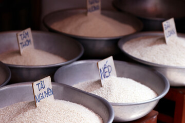 Different sorts of rice for sale on a local market..